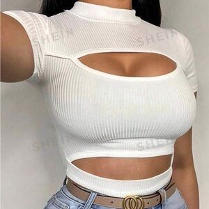 SHEIN SXY Hollow Out Slim Fit Stand Collar Short Sleeve T-Shirt Size M